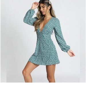 Showpo Teal Long Sleeve Floral Dress